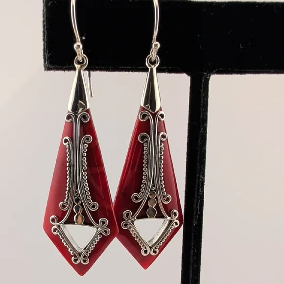 Coral And Sterling Silver Filigree Dangle Drop Earrings - Picture 3 of 6